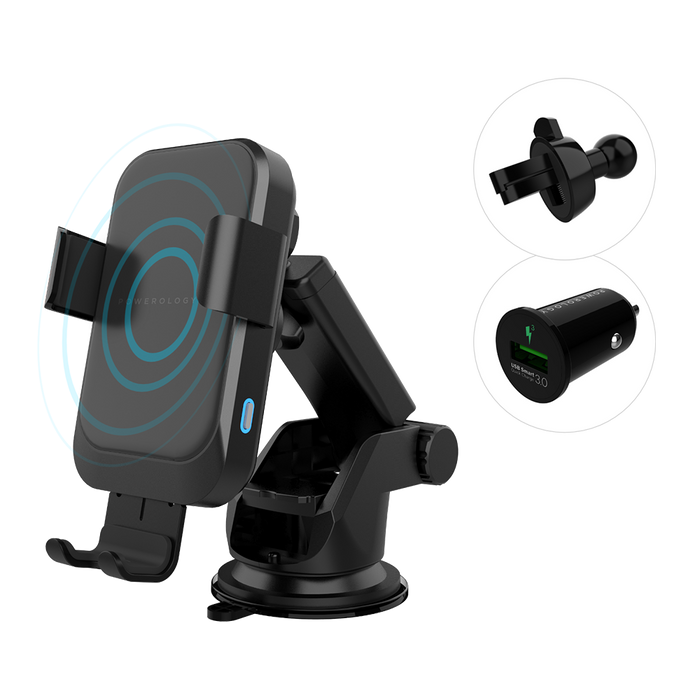 Powerology Fast Wireless Charger Car Mount and QC3.0 - Black