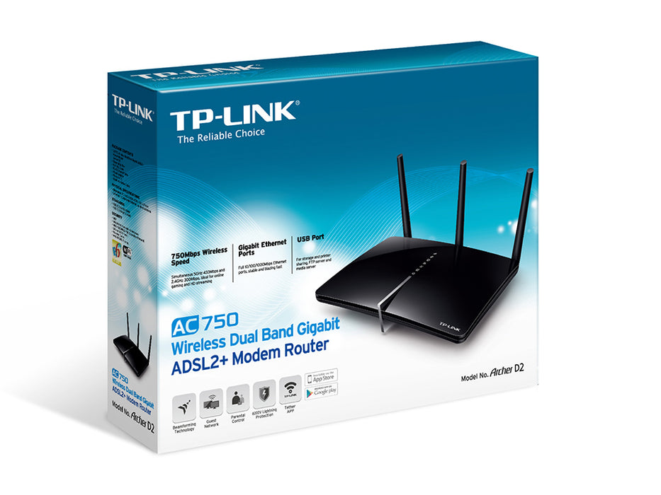 TP-Link AC750 Wireless Dual Band Gigabit ADSL2+ Modem Router-Archer D2